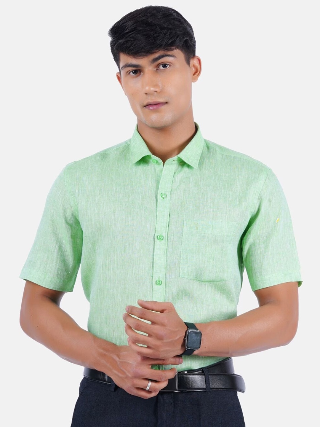 

Ramraj Classic Slim Fit Pure Linen Formal Shirt, Green