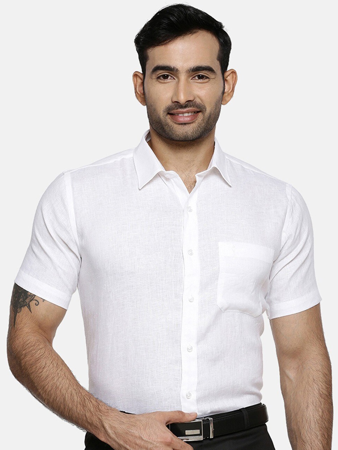 

Ramraj Classic Spread Collar Pure Linen Formal Shirt, White