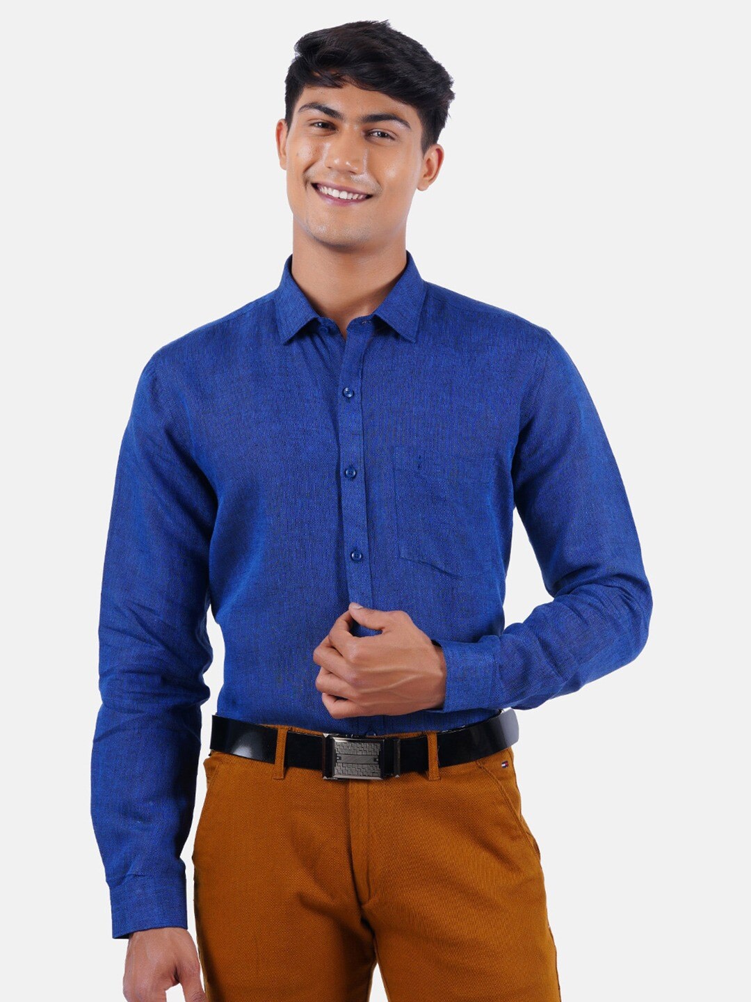 

Ramraj Classic Spread Collar Pure Linen Formal Shirt, Blue