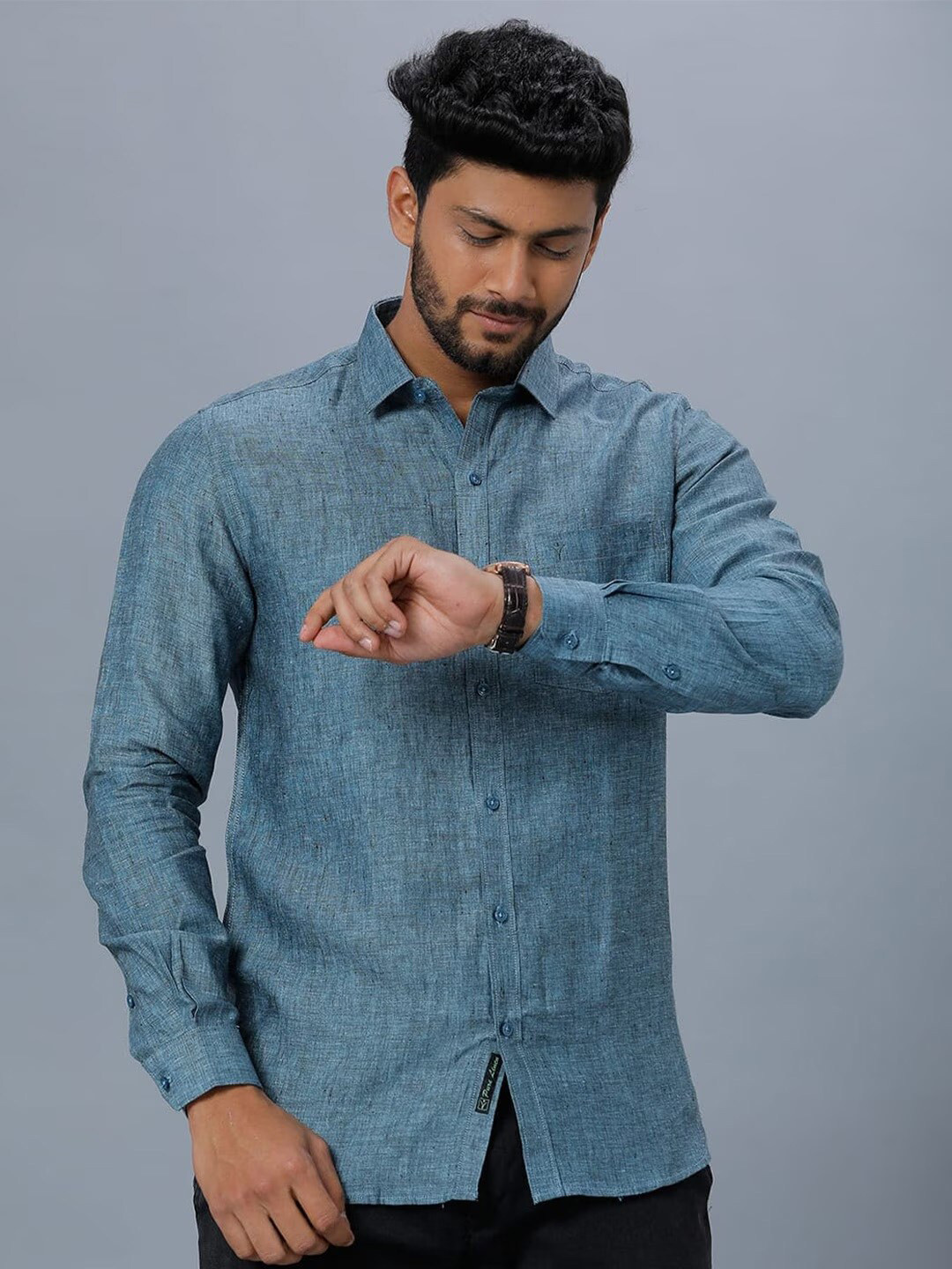 

Ramraj Classic Spread Collar Pure Linen Casual Shirt, Blue