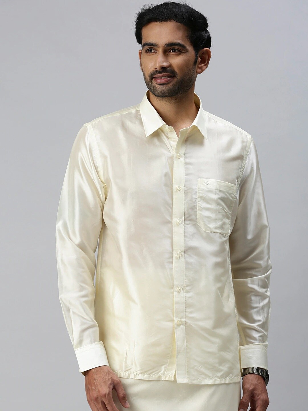 

Ramraj Classic Spread Collar Silk Casual Shirt, Cream