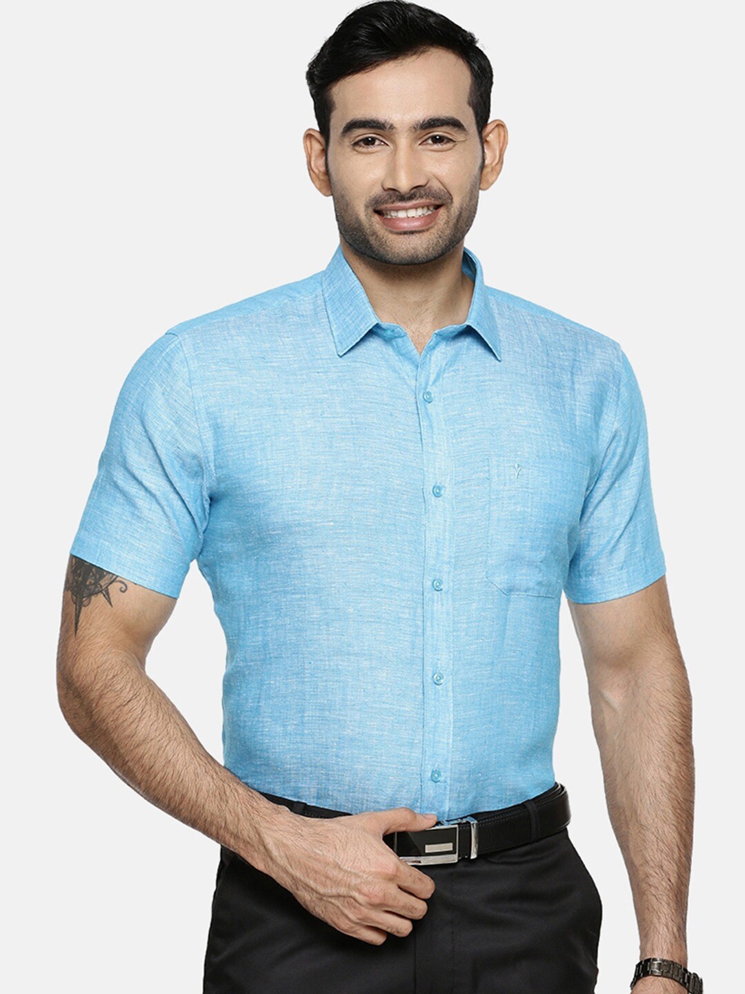

Ramraj Classic Opaque Pure Linen Casual Shirt, Blue