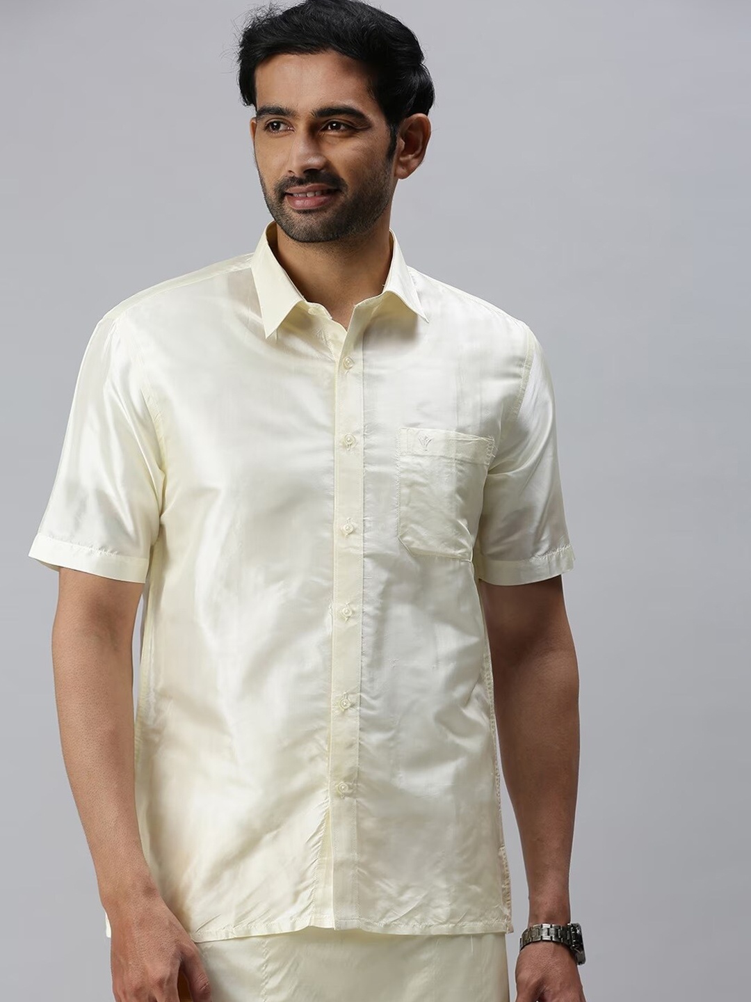 

Ramraj Classic Spread Collar Silk Casual Shirt, Cream