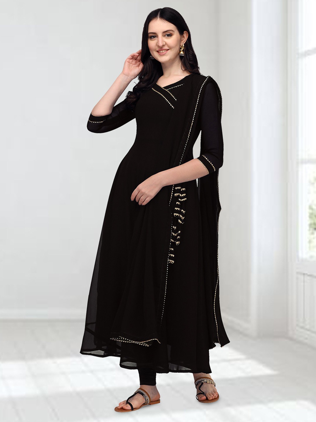 

N N ENTERPRISE Women Black Gotta Patti Georgette Anarkali Kurta