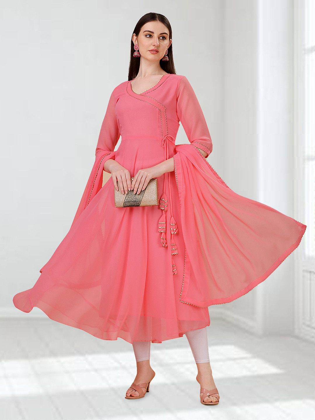 

N N ENTERPRISE Women Pink Gotta Patti Georgette Anarkali Kurta