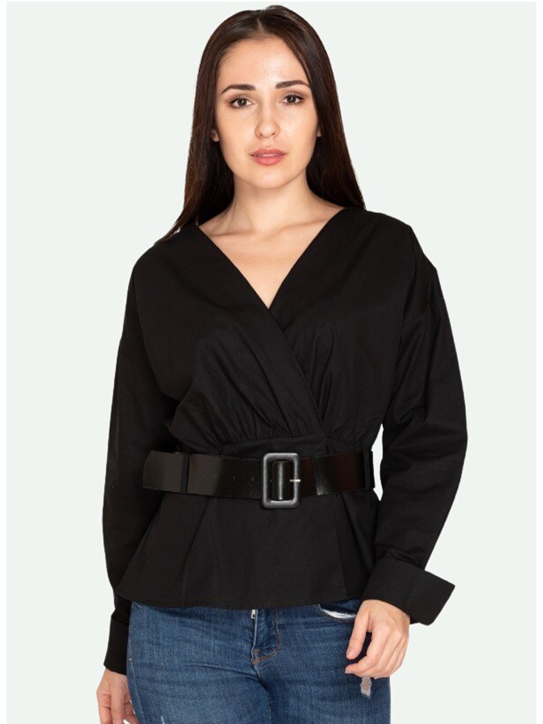 

BOLDMISS V-Neck Cuffed Sleeves Cotton Wrap Top, Black
