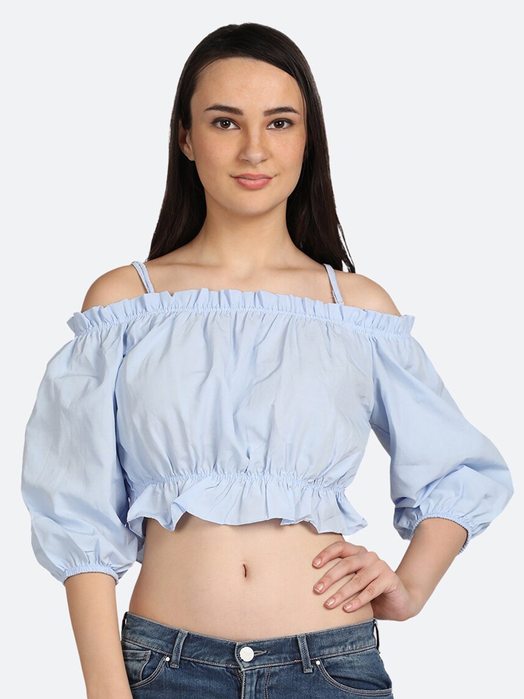 

BOLDMISS Off-Shoulder Puff Sleeve Bardot Crop Top, Blue