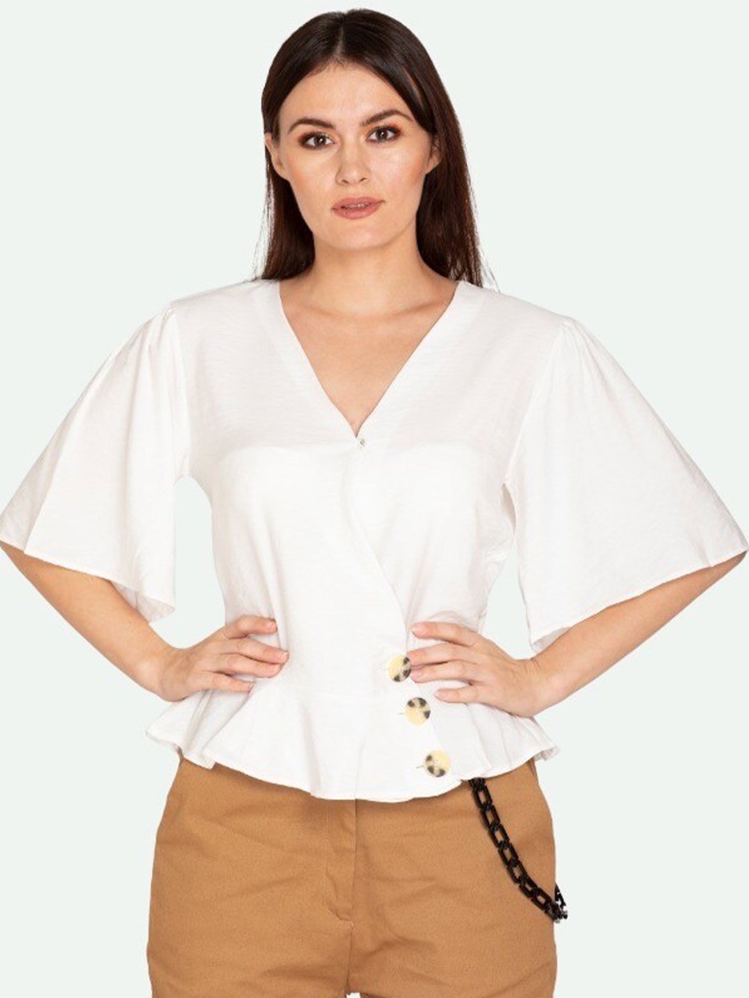 

BOLDMISS V-Neck Flared Sleeve Top, White