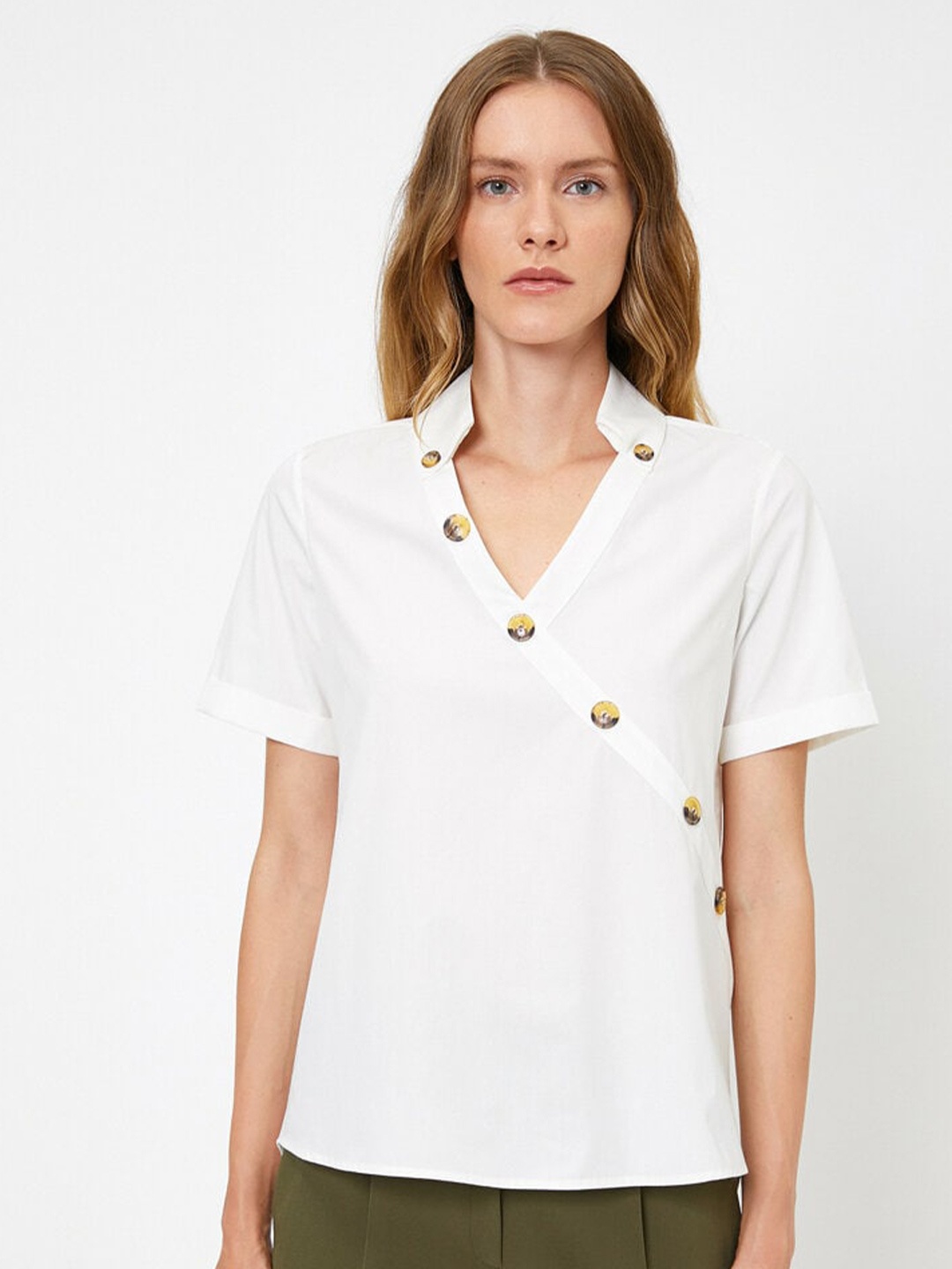 

BOLDMISS White Mandarin Collar Cotton Wrap Top