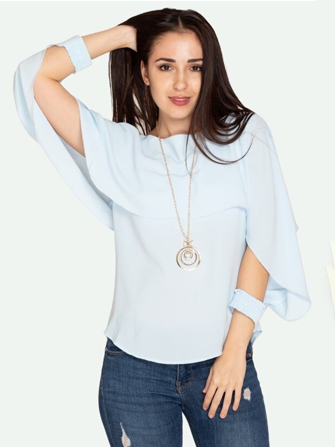 

BOLDMISS Round Neck Cape Sleeves Regular Top, Blue