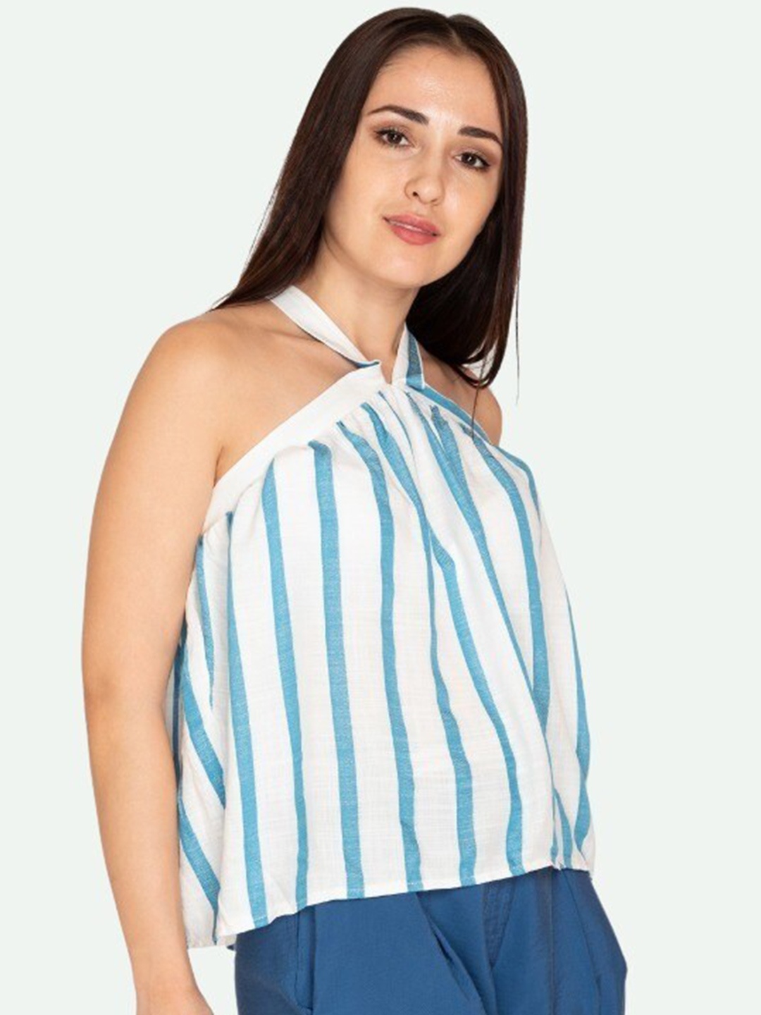 

BOLDMISS White Halter Neck Striped Top