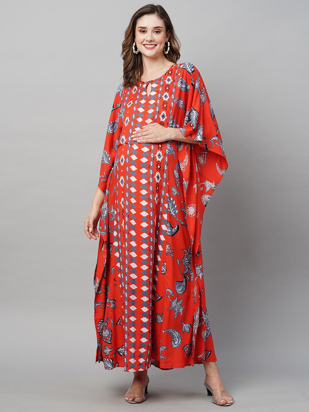 

MomToBe Ethnic Printed Kimono Sleeves Maternity Kaftan Maxi Dress, Red