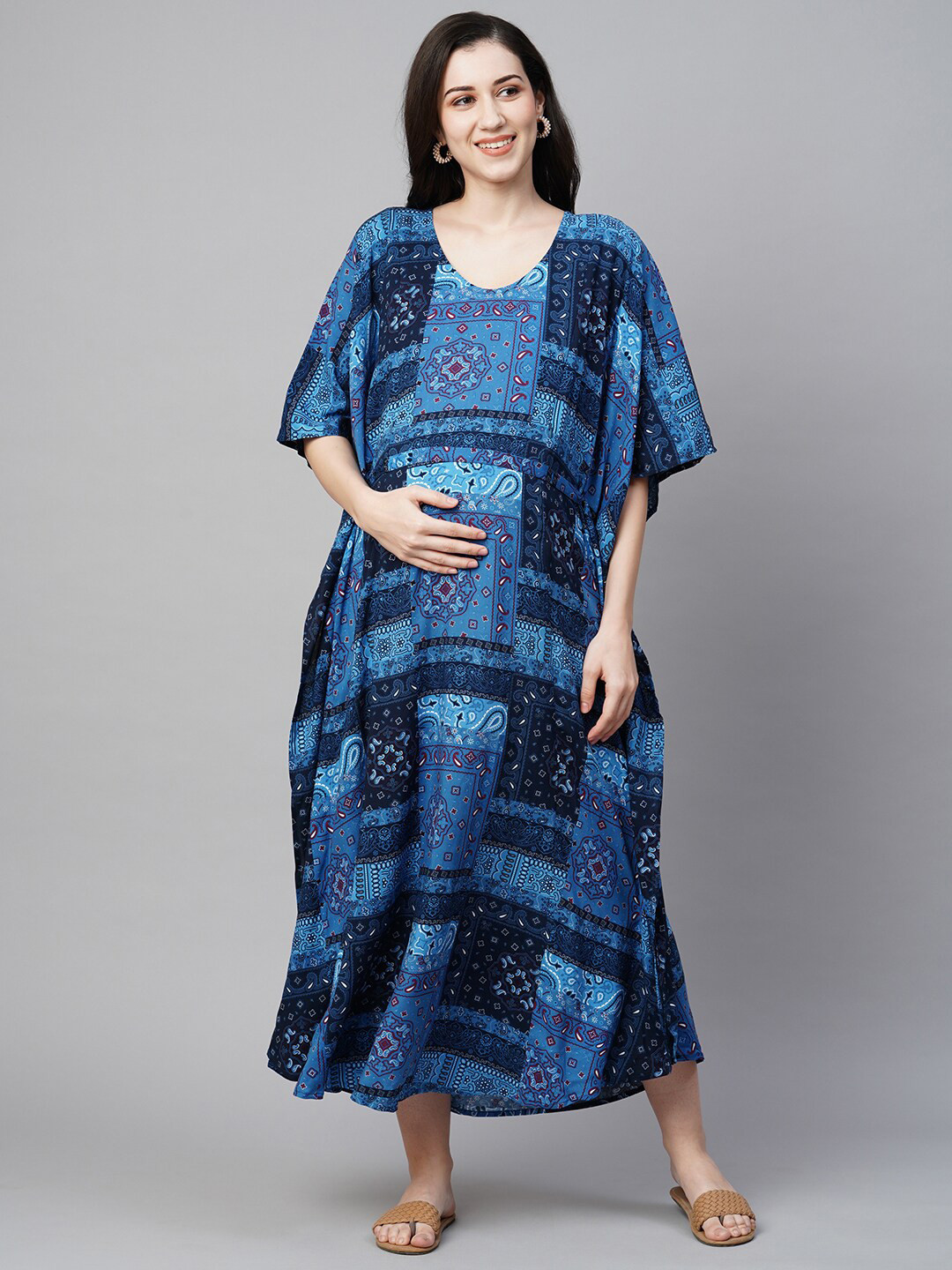 

MomToBe Ethnic Motifs Printed Kimono Sleeves Maternity Kaftan Midi Sustainable Dress, Blue