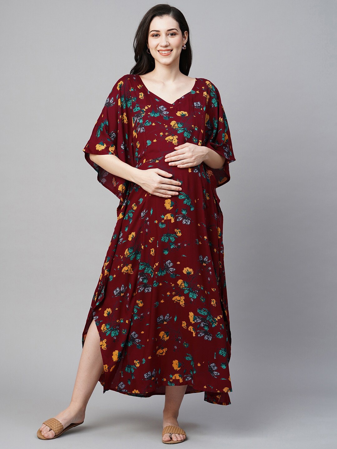 

MomToBe Floral Printed Kimono Sleeves Maternity Kaftan Midi Sustainable Dress, Red