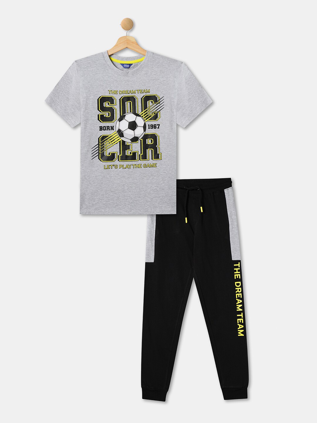 

R&B Boys Printed Cotton T-shirt With Lounge Pant Night Suit, Grey