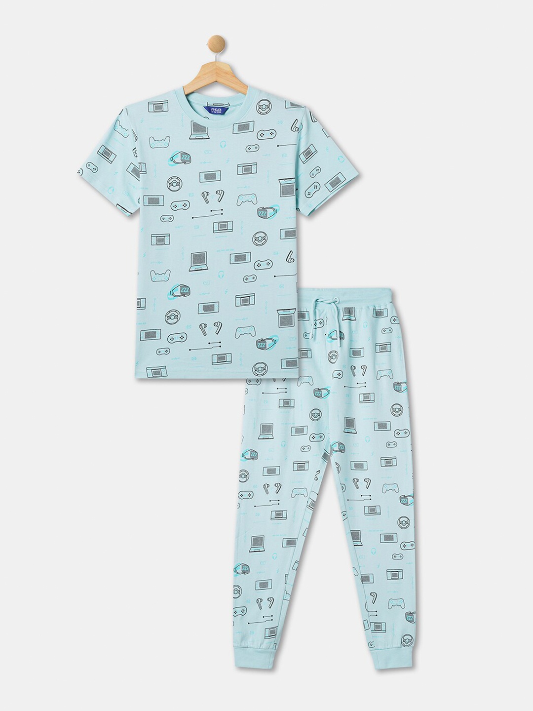 

R&B Boys Printed Cotton T-shirt With Capris Night Suit, Blue