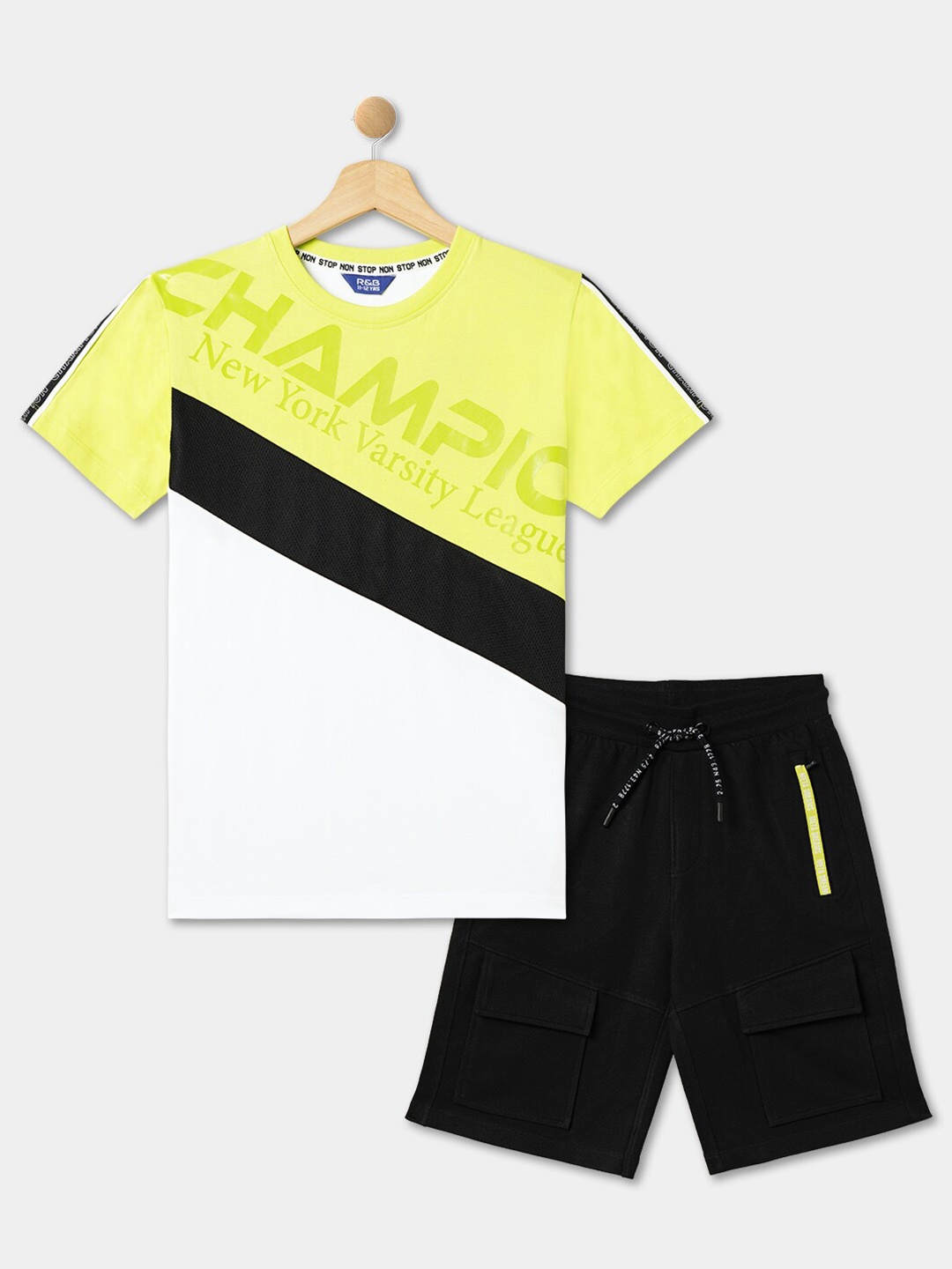 

R&B Boys Colourblocked Pure Cotton T-shirt With Shorts, Yellow