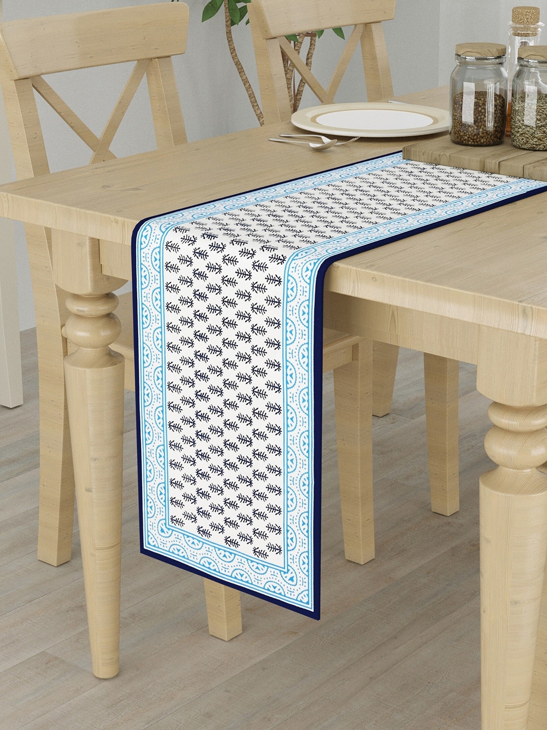 

LIVING ROOTS White & Blue Printed Pure Cotton Table Runner