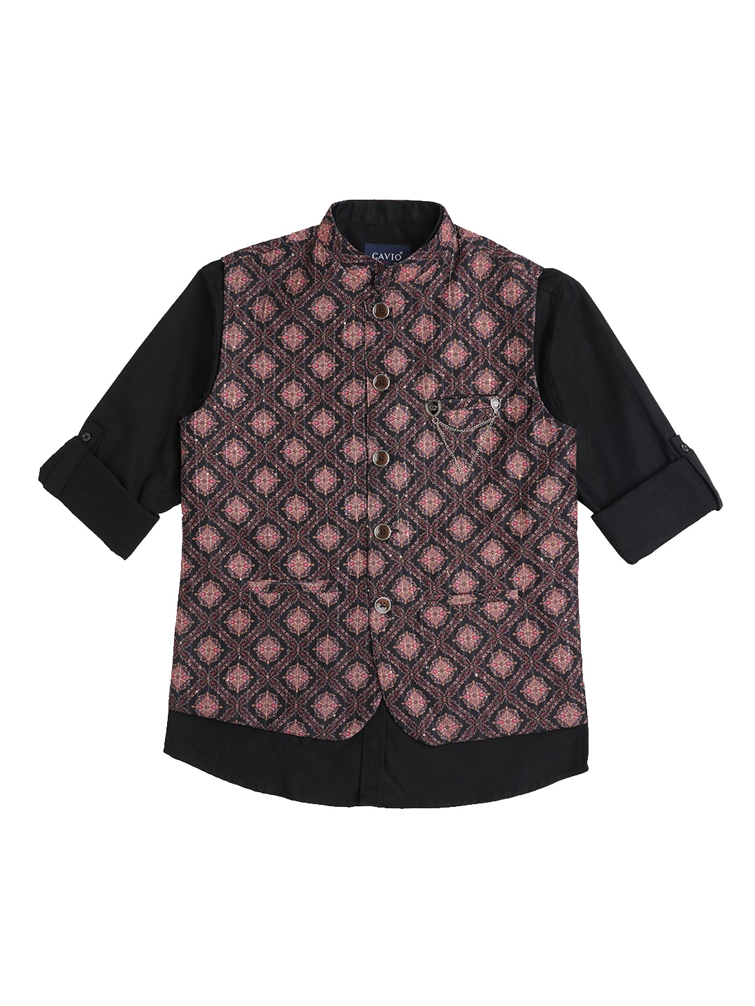 

CAVIO Boys Ethnic Motifs Printed Cotton Woven Nehru Jacket With Brooch & Shirt, Black