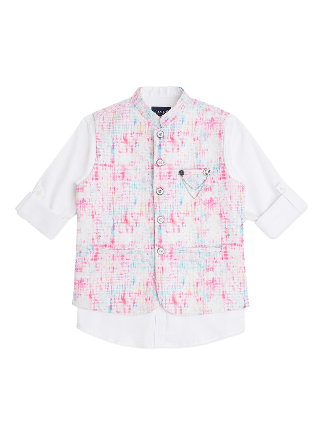 

CAVIO Boys Embellished Cotton Nehru Jacket With Shirt, Pink