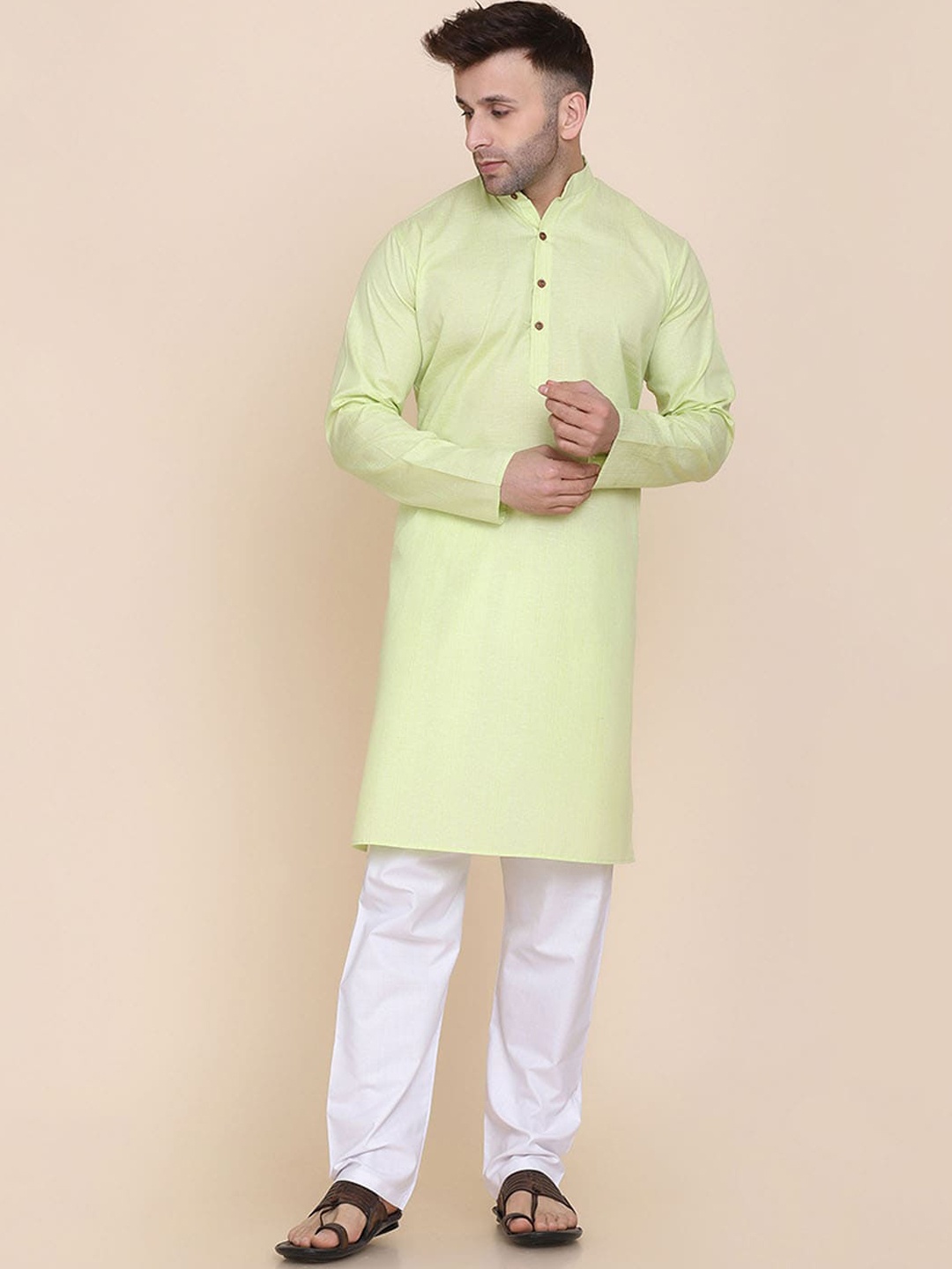 

TAHVO Mandarin Collar Regular Pure Cotton Kurta with Pyjamas, Green