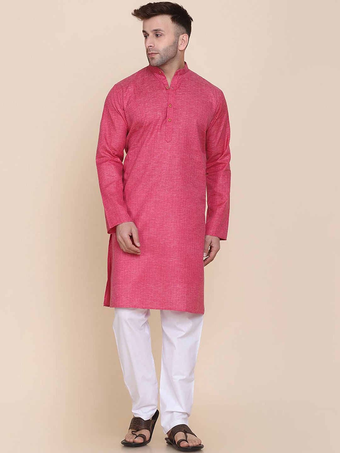 

TAHVO Mandarin Collar Regular Pure Cotton Kurta with Pyjamas, Pink