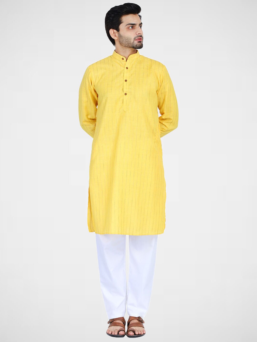 

TAHVO Striped Regular Pure Cotton Kurta with Pyjamas, Yellow