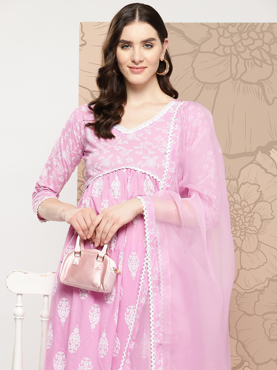 

Indo Era Women Ethnic Motifs Printed Empire Pure Cotton Kurta with Trousers & With Dupatta, Lavender