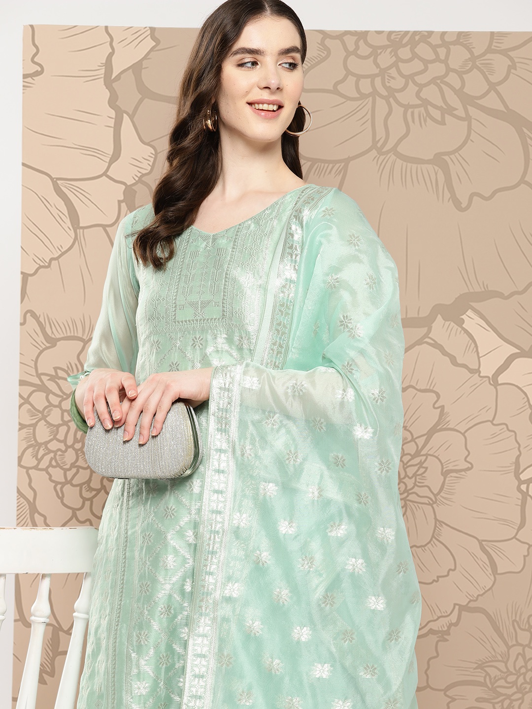 

Indo Era Women Regular Chanderi Silk Kurta with Trousers & With Dupatta, Sea green