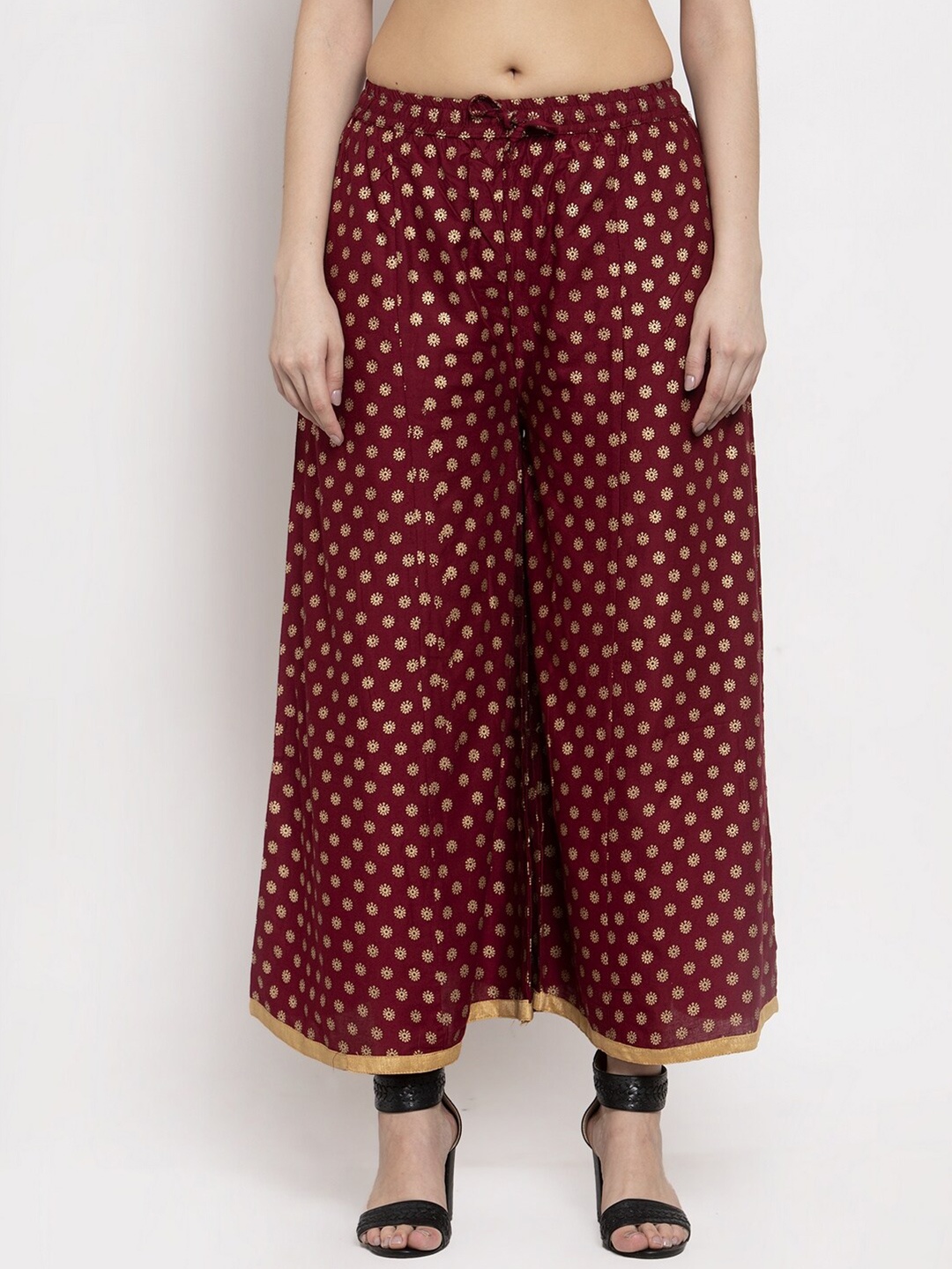 

Miaz Lifestyle Women Ethnic Motifs Printed Wide Leg Woven Palazzos, Maroon