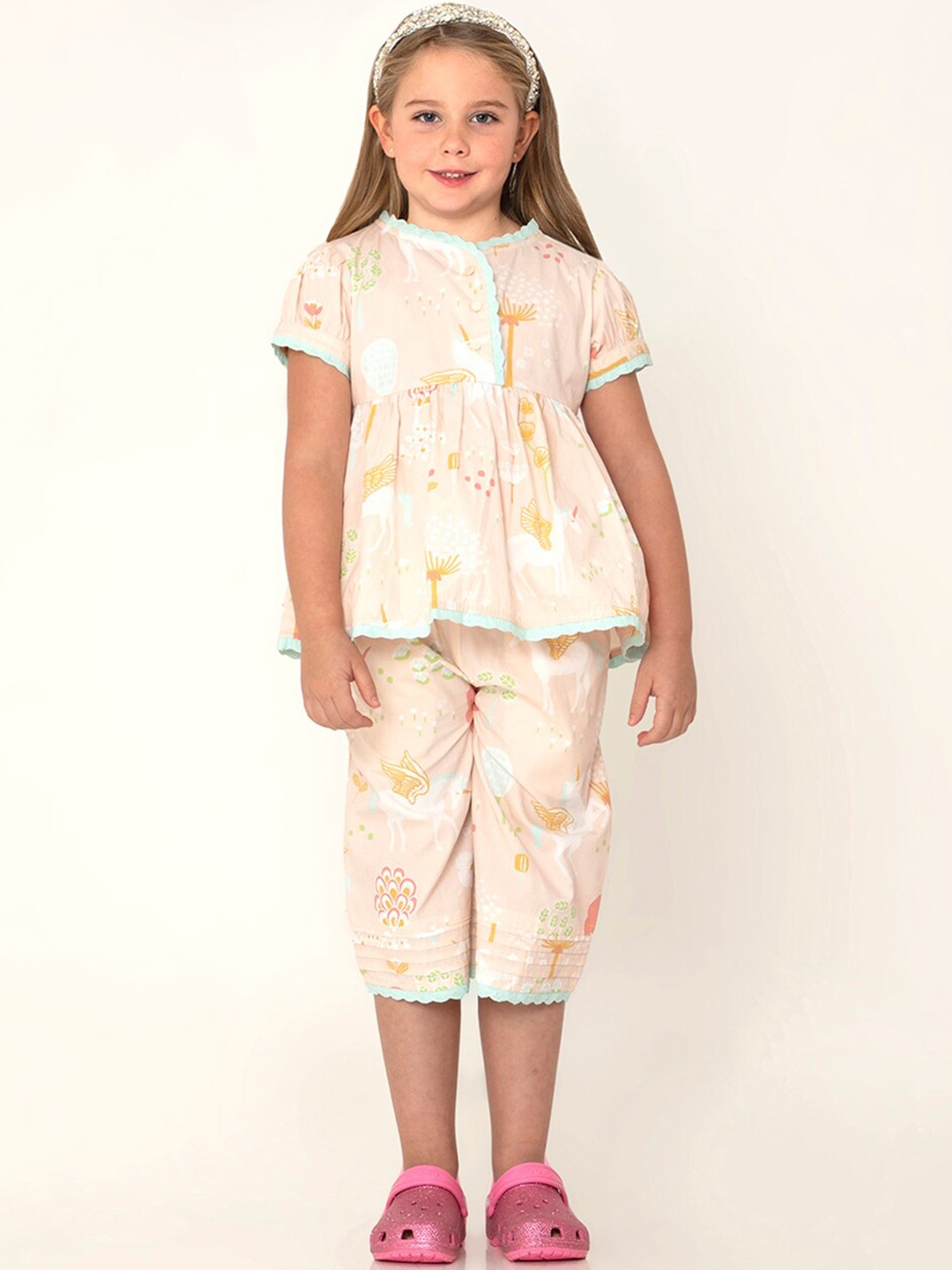 

Cherry Crumble Girls Printed Night suit, Pink