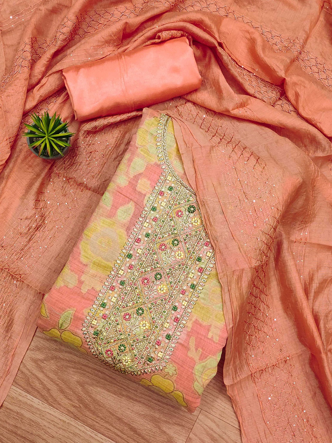 

KALINI Floral Woven Design Thread Work Art Silk Unstitched Dress Material, Peach