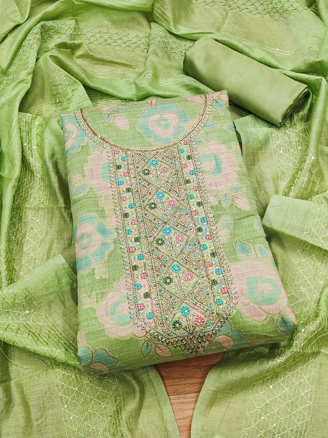 

KALINI Floral Woven Design Thread Work Art Silk Unstitched Dress Material, Green