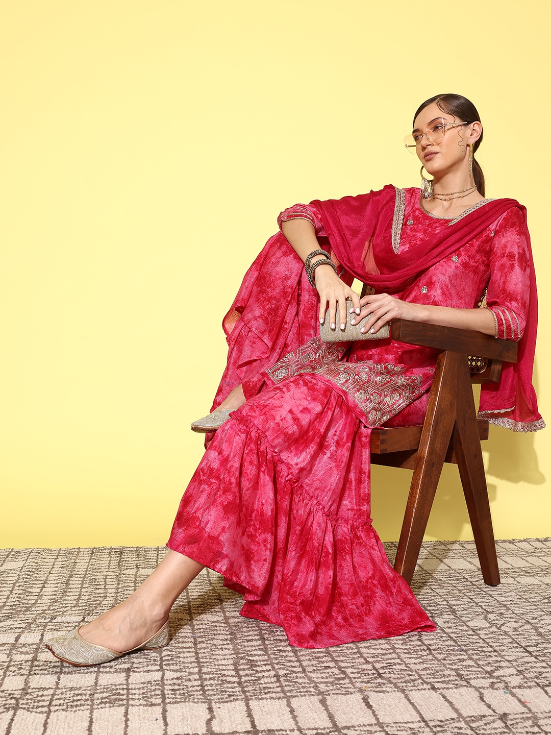 

Indo Era Women Ethnic Motifs Embroidered Regular Sequinned Kurta with Sharara & Dupatta, Pink