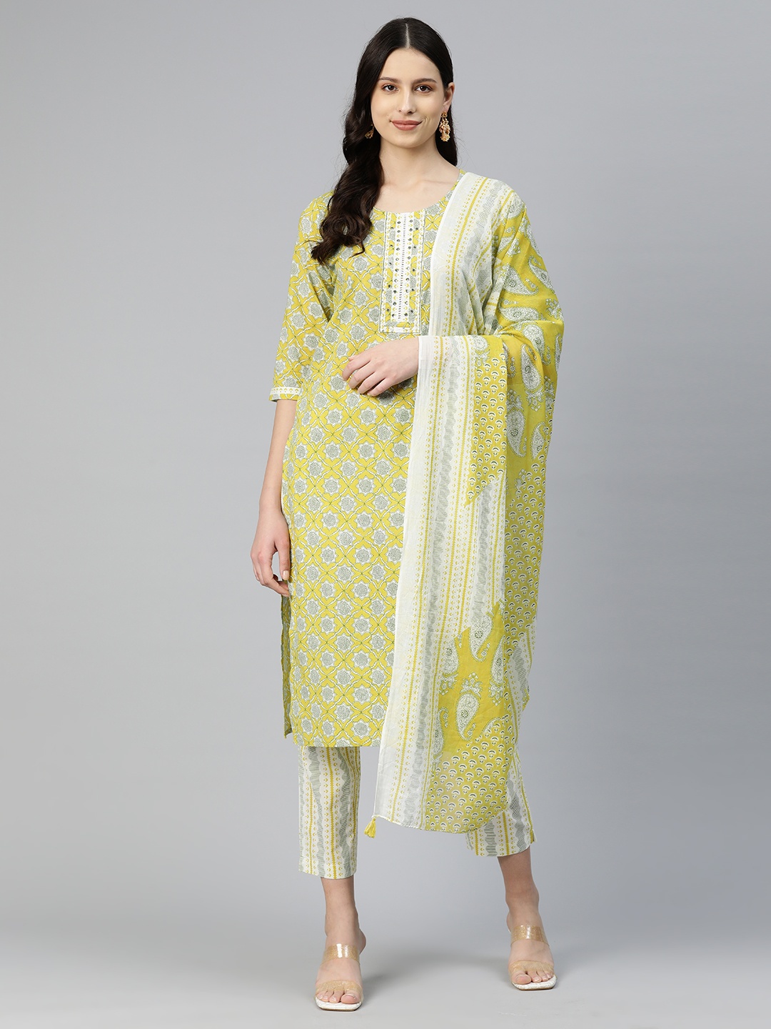 

Readiprint Fashions Women Floral Printed Sequinned Cotton Kurta with Palazzos & Dupatta, Yellow