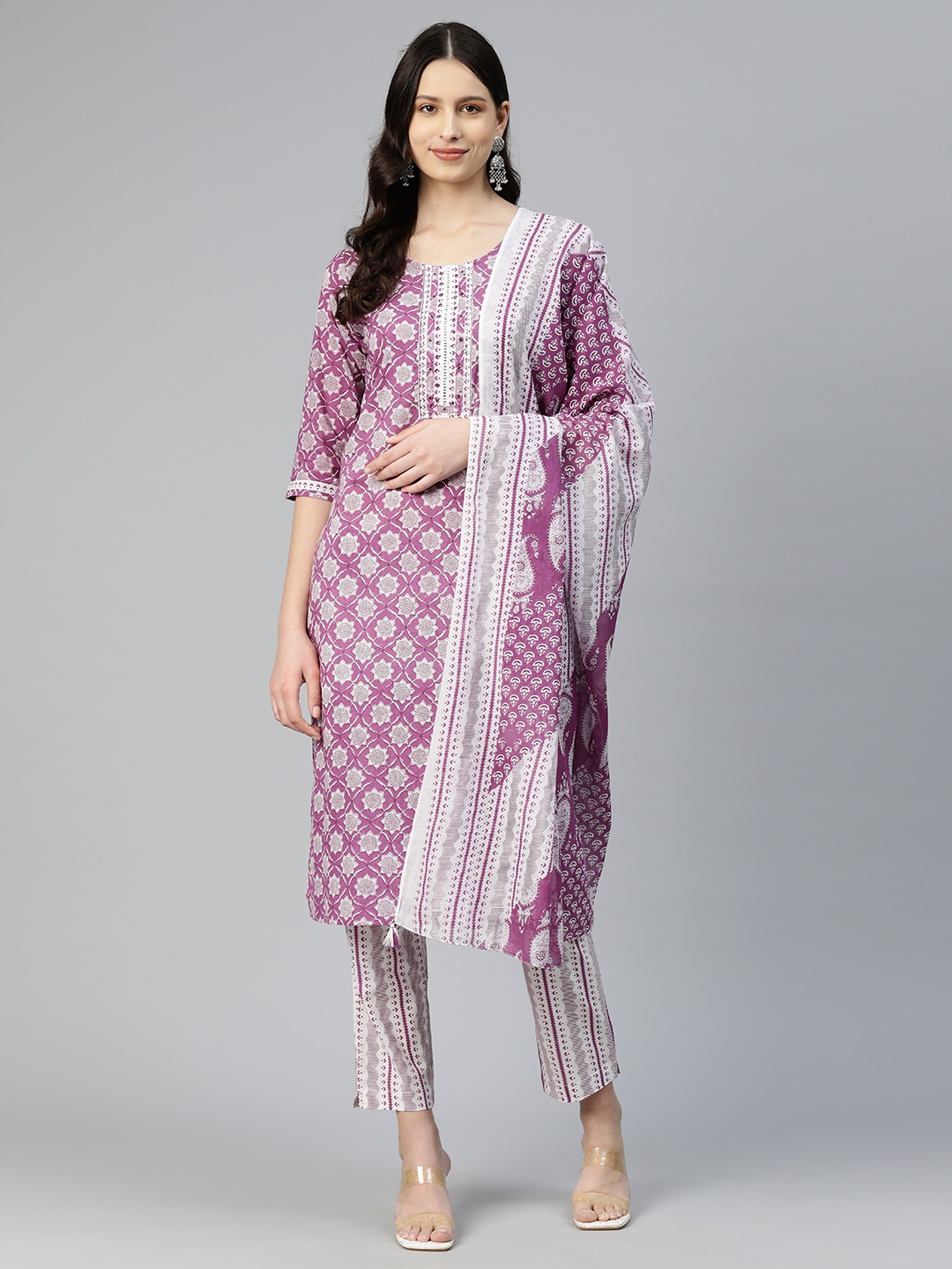 

Readiprint Women Floral Printed Sequinned Cotton Kurta with Palazzos & Dupatta, Pink