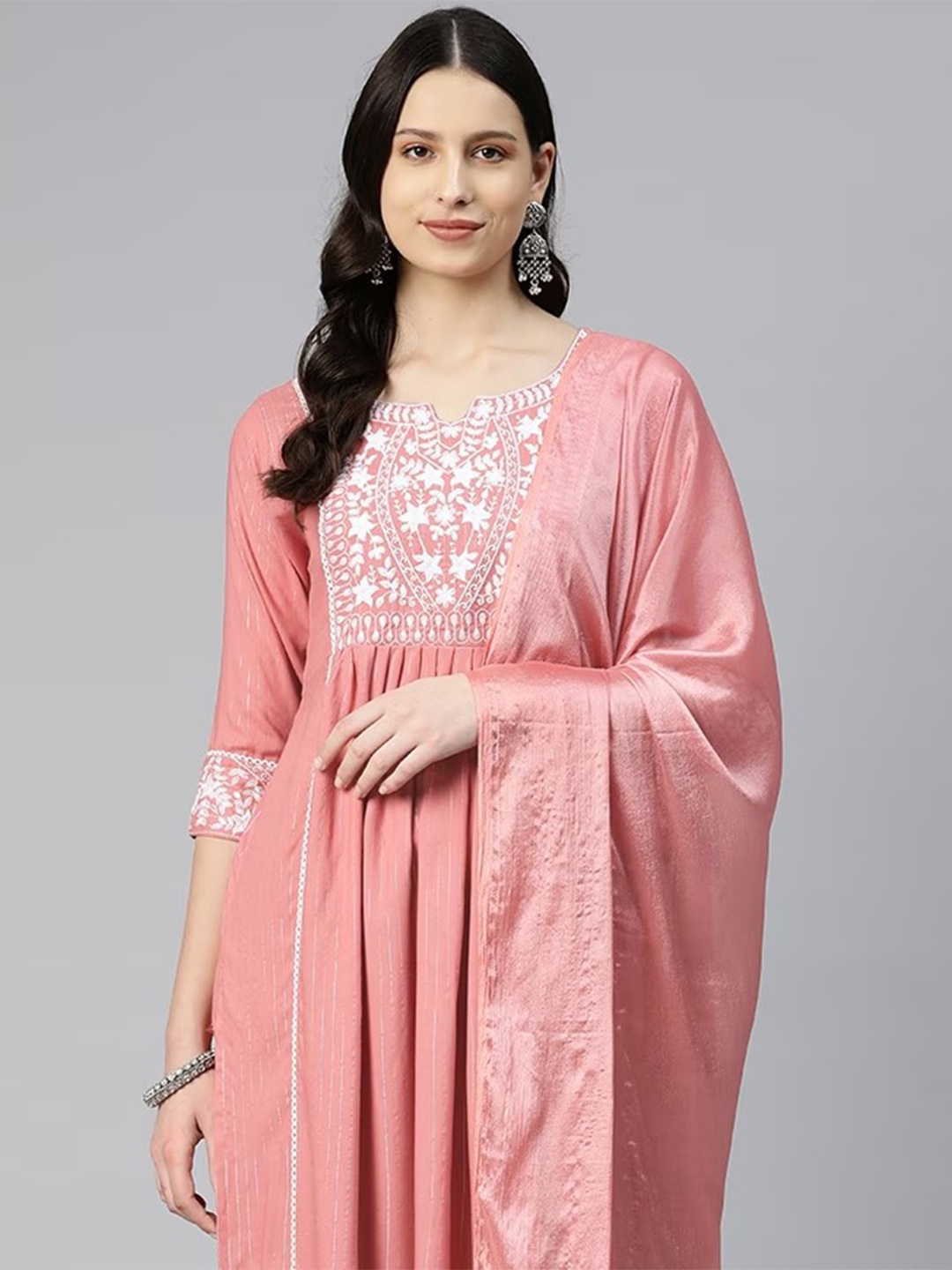

Readiprint Women Floral Pleated Thread Work Kurta with Pyjamas & Dupatta, Peach