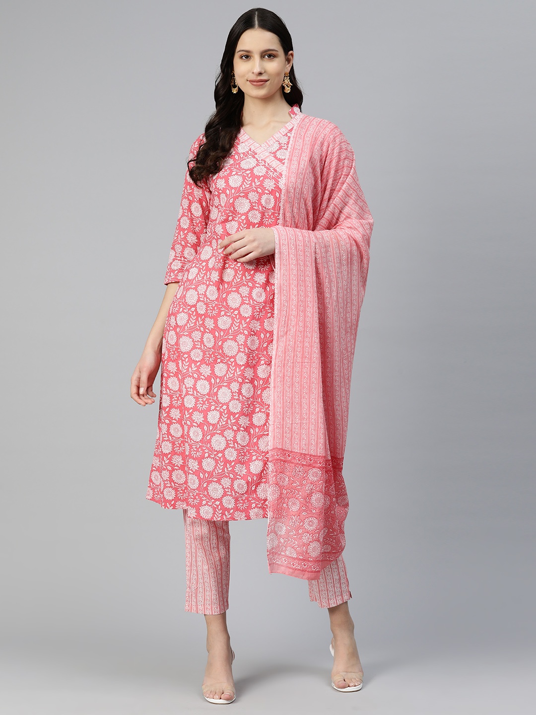 Readiprint Women Floral Printed Pure Cotton Kurta with Trousers & With Dupatta, Pink