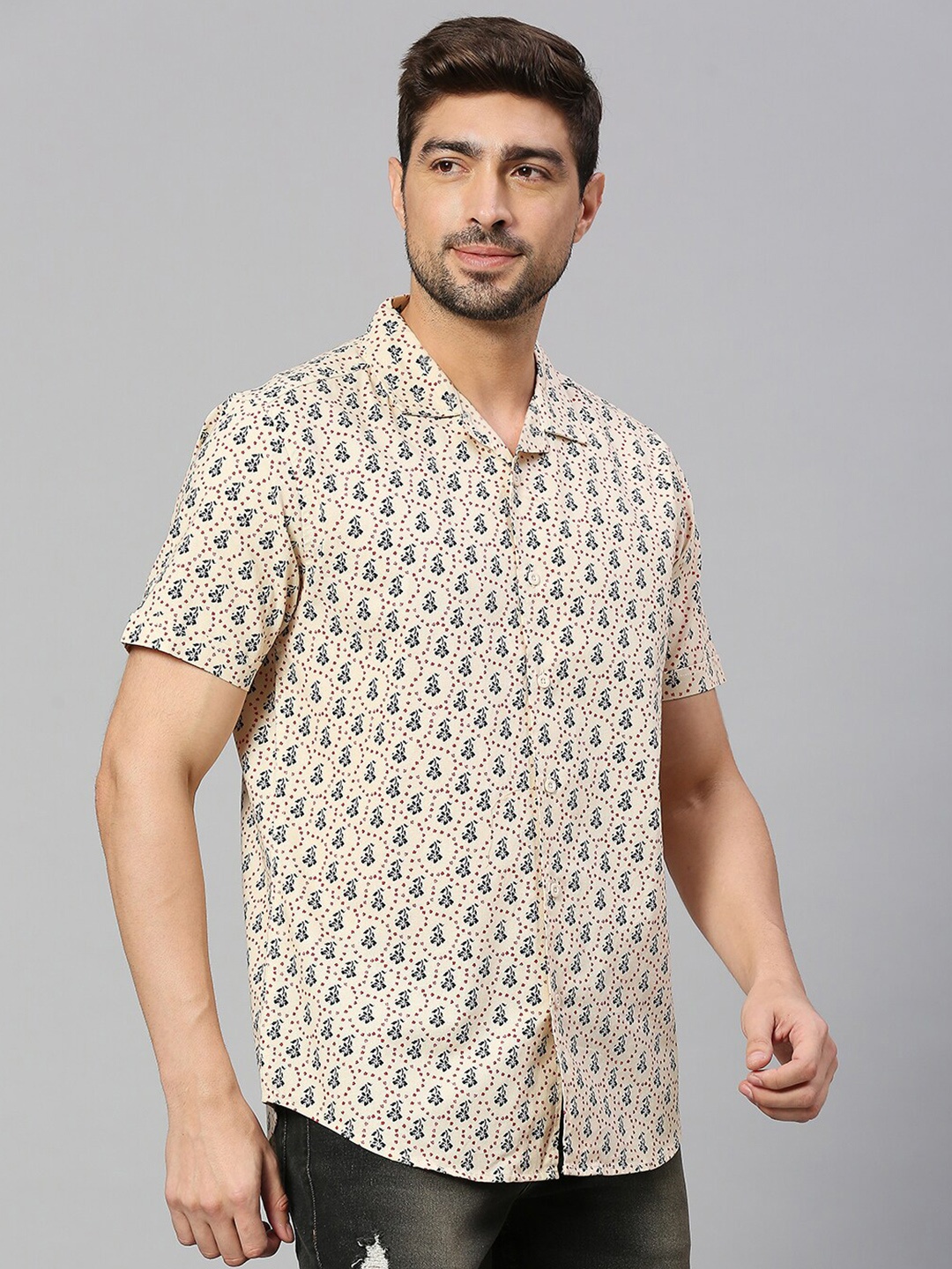

HERE&NOW Beige Classic Slim Fit Floral Printed Pure Cotton Casual Shirt