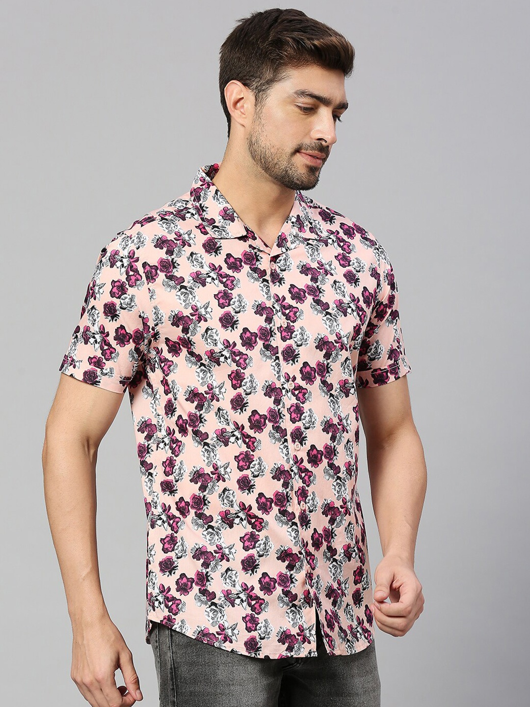 

HERE&NOW Peach-Coloured Classic Slim Fit Floral Printed Pure Cotton Casual Shirt