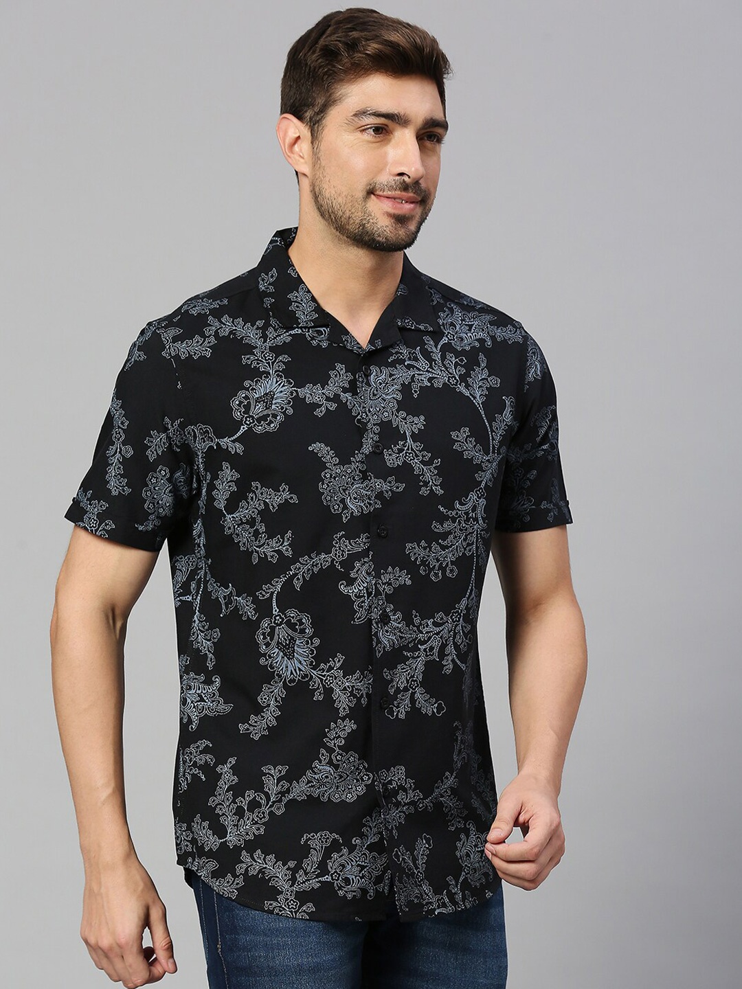 

HERE&NOW Black Classic Slim Fit Floral Printed Pure Cotton Casual Shirt