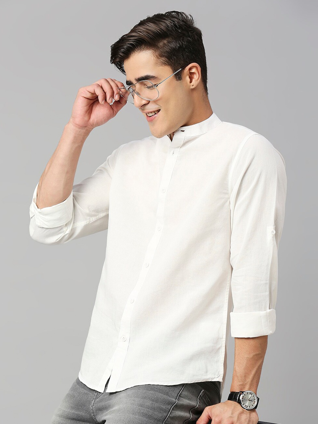 

HERE&NOW White Classic Slim Fit Mandarin Collar Cotton Linen Casual Shirt