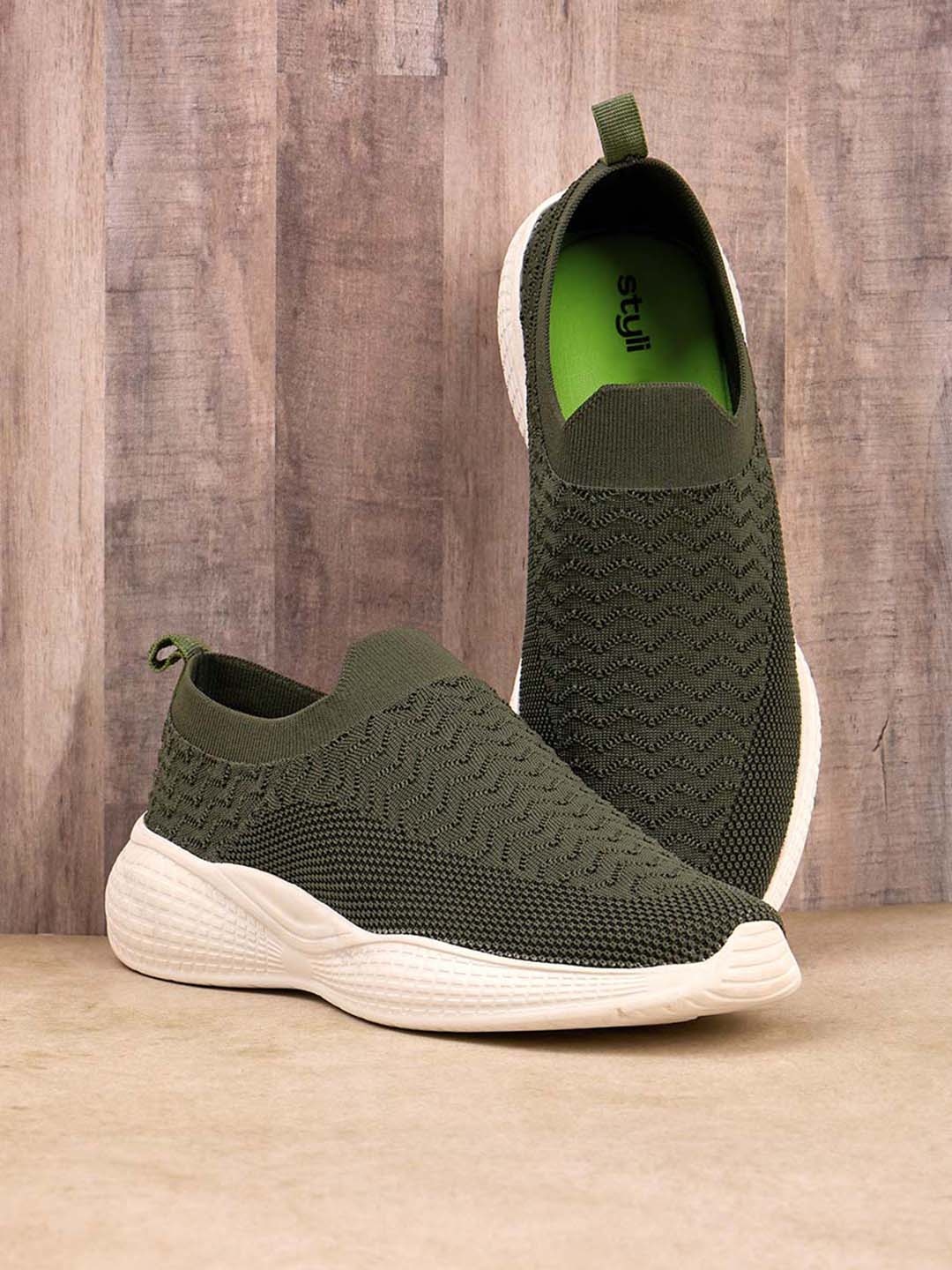 

Styli Men Olive Green And White Woven Design Slip-On Sneakers