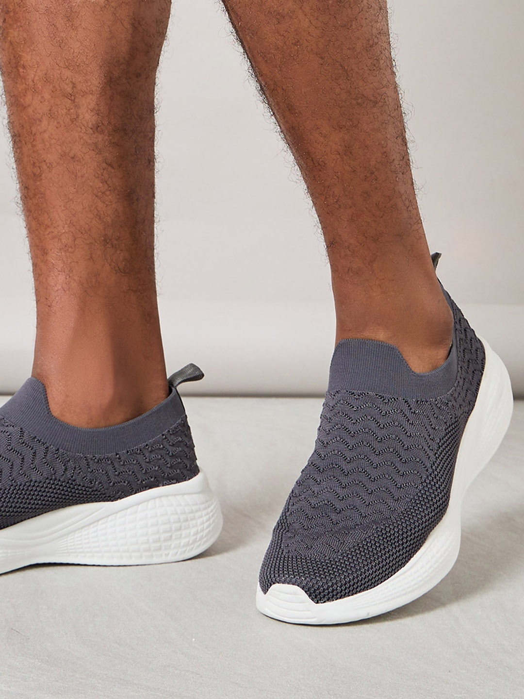 Styli Men Grey And White Woven Design Slip-On Sneakers