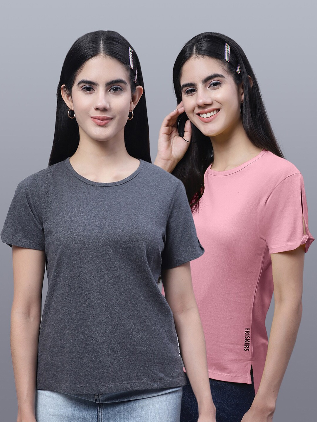 

FBAR Pack Of 2 Round Neck Pure Cotton T-shirt, Grey