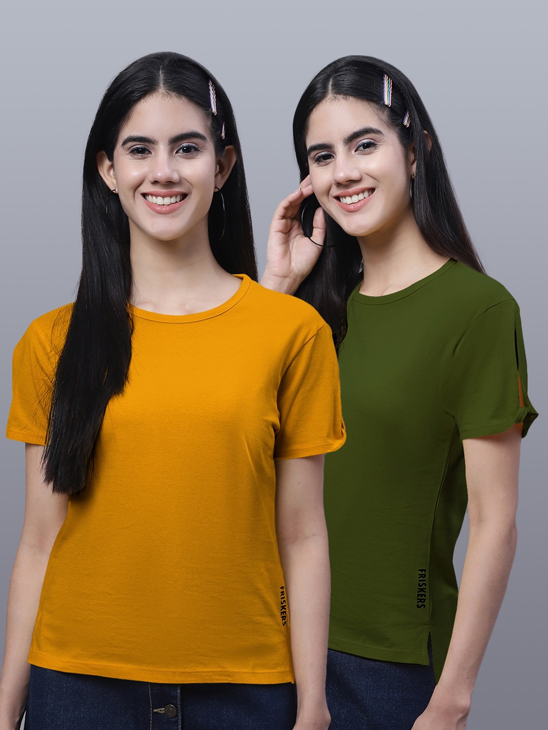 

FBAR Pack Of 2 Round Neck Pure Cotton T-shirts, Mustard