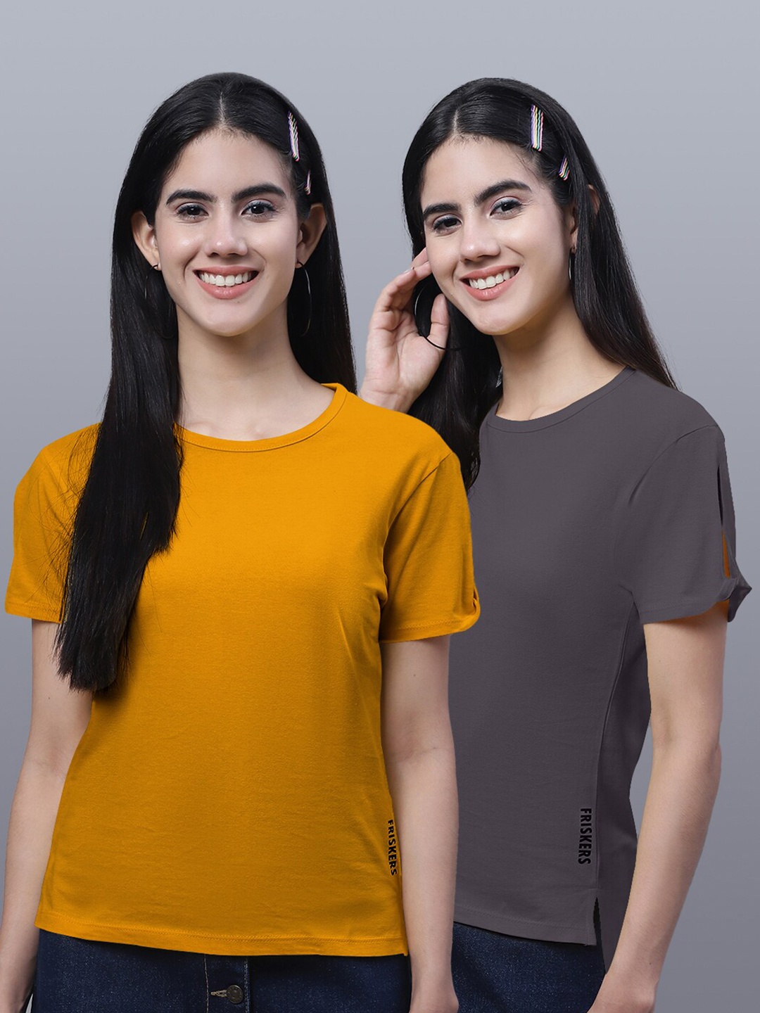 

FBAR Pack Of 2 Round Neck Pure Cotton T-Shirts, Mustard