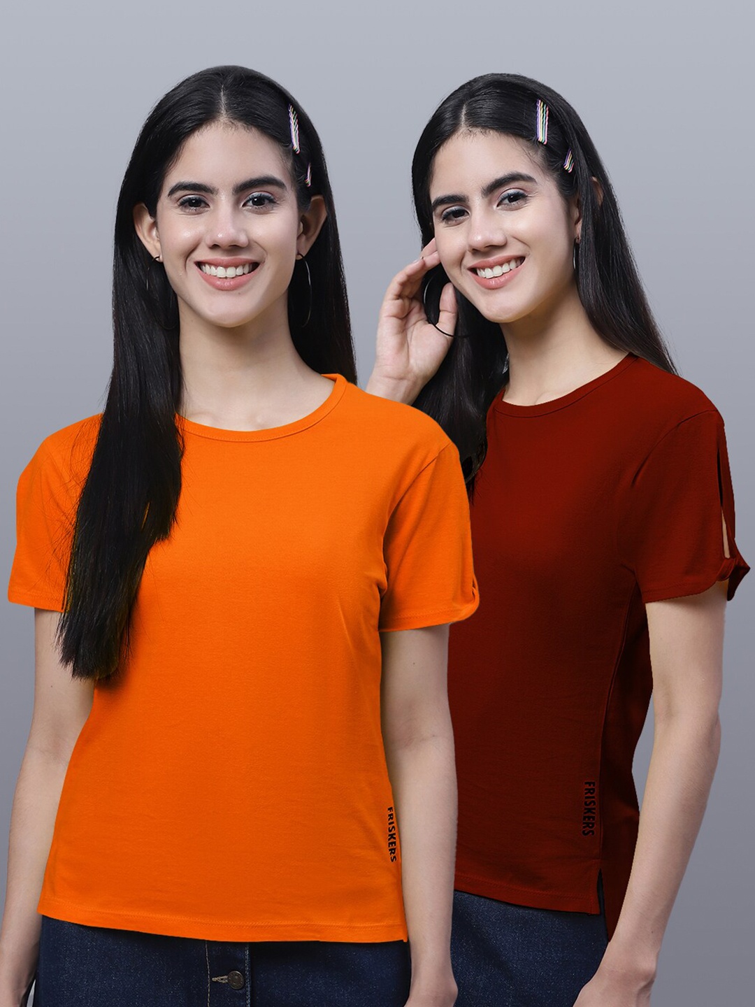 

FBAR Pack Of 2 Round Neck Pure Cotton T-Shirts, Orange