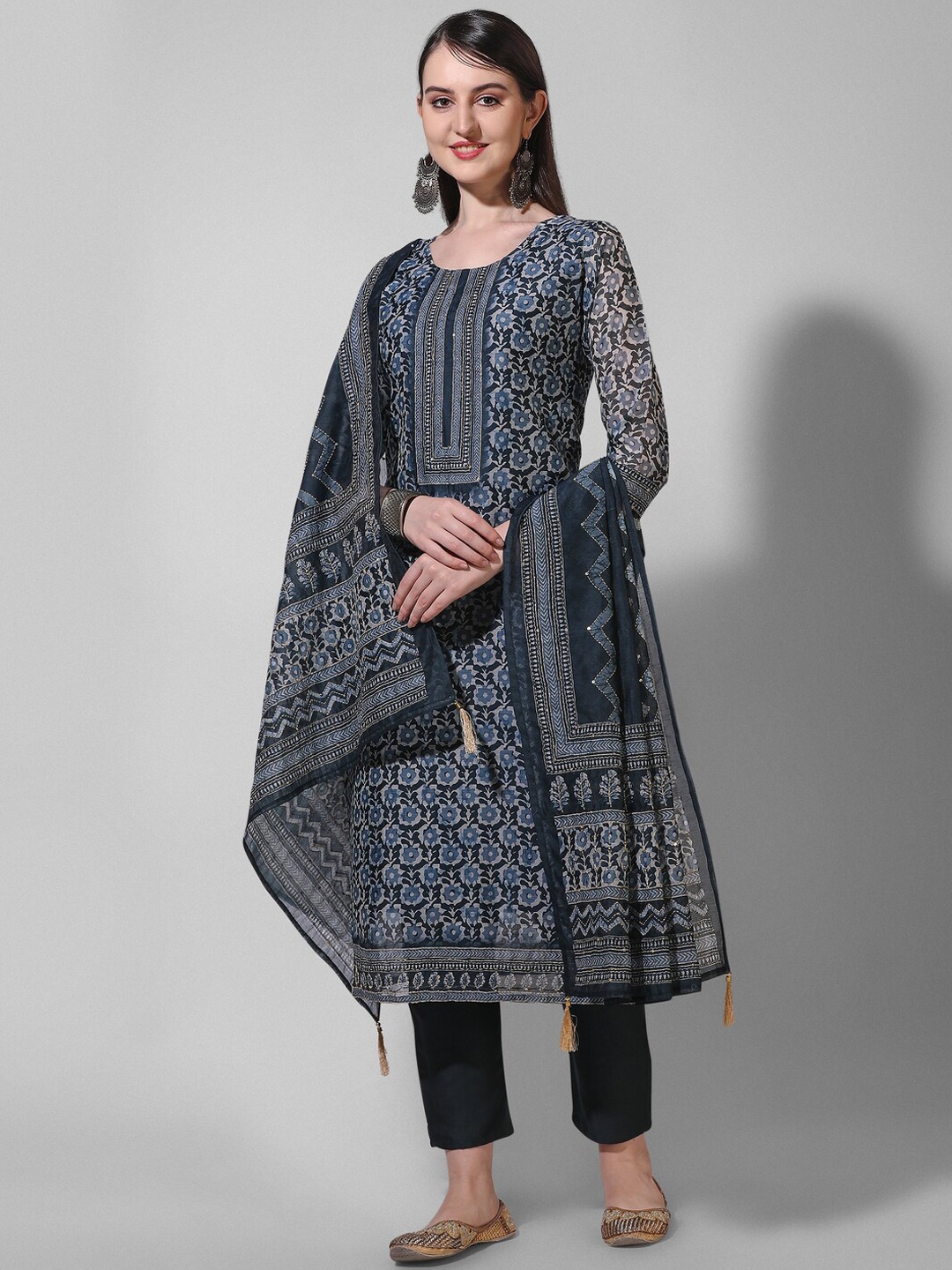 

Berrylicious Floral Printed Straight Chanderi Cotton Kurta with Trousers & With Dupatta, Blue