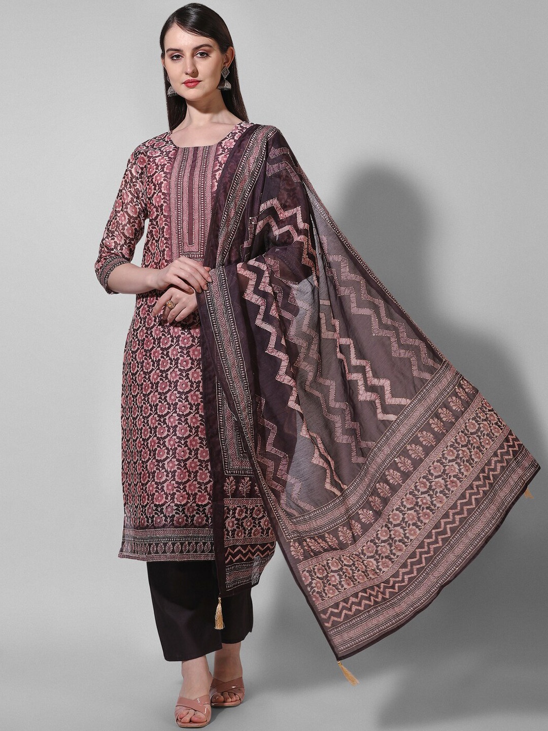 

Berrylicious Floral Printed Straight Chanderi Cotton Kurta with Trousers & With Dupatta, Pink